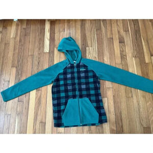 Columbia Boys Youth Green Plaid Fleece Hooded Zip Up Jacket Youth Size XL